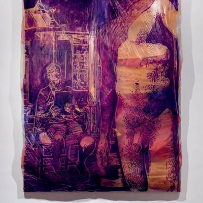 Nu no Estúdio Laranja,
2025 | Acrylic paint, plastic, lemon and feed bags, canvas, wooden grid | 20