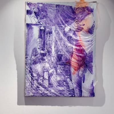 Nu Depois do Almoço, 
2025 | Acrylic paint, plastic, lemon and feed bags, canvas, wooden grid | 200