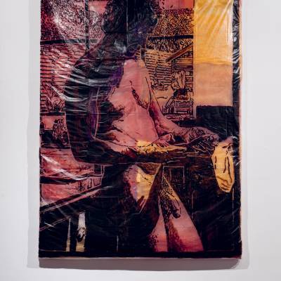 Nu na Cozinha,,
2025 | Acrylic paint, plastic, lemon and feed bags, canvas, wooden grid | 191 x 141