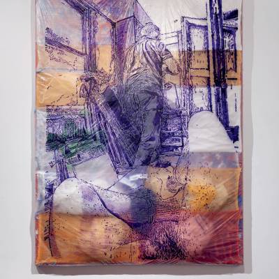 Nu com Diccon de Costas,
2025 | Acrylic paint, plastic, lemon and feed bags, canvas, wooden grid | 